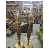 Pair Mid Century Modern Walnut & Brass Lamps