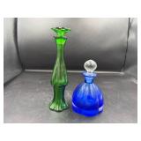Blue Perfume Bottle and Green Avon Bud Vase
