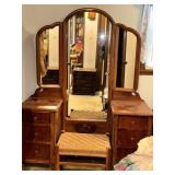 Wood Vanity With Tri-Fold Mirror and Stool