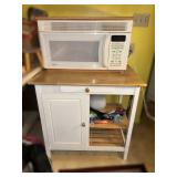 White Microwave, Wooden Cabinet & Step Stools