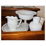 Milk Glass Hobnail Serving and Vase Set