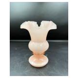 Pink Opalescent Glass Vase with Ruffled Rim