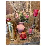 Decorative Vase, Candle Holders, and Gold Bin
