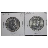 1959-D & 1958-D Franklin Silverï¿½Half Dollars