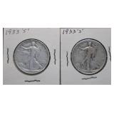 1933-S Walking Liberty Silver Half Dollars