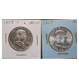 1958-D and 1960-P Franklin Silver Half Dollars