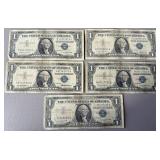 5pc US $1 Silver Certificates