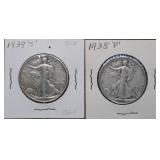 Vtg 1939-S & 1938-P Walking Liberty Silver Half Do