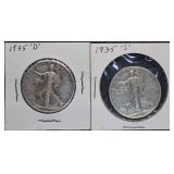 2pc 1935 D & S Walking Liberty Silver Half Dollars