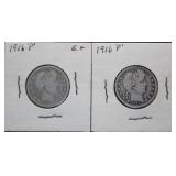2pc 1916-P Barber Silver Quarters