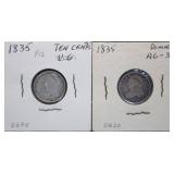 1835 Capped Bust Silver Dimes