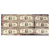 9pc US $2 Green Seal Notes