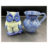 Hand-Painted Owl Jar and Blue Ceramic Pitcher