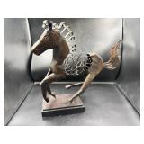 Metal Horse Sculpture on Wooden Base