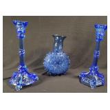 Hand-Blown Blue Glass Vase and Candlesticks