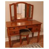 Wood Vanity with Mirror and Stool
