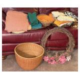 Collection of various cloth napkins & Baskets