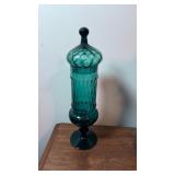 Green Blown Glass Lidded Pedestal Jar