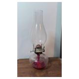 Glass Oil Lamp with Red Base and Chimney