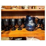 Blue Glass Pitcher and Set of 21 Goblets