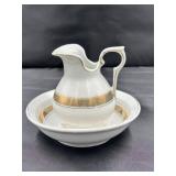 White Ceramic Pitcher and Basin with Gold Trim
