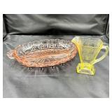 Pink Glass Dish & Yellow Depression Glass Pitcher