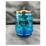 Blue Glass Jar With Metal Lid and Handle