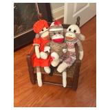 3 Sock Monkeys With Small Wooden Chair