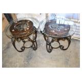 Pair of Wood & Metal Glass Top Side Tables