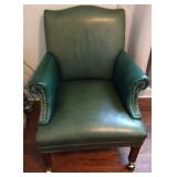 Green Leather Armchair with Casters