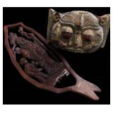 Carved Mask and Wooden Relief Panel
