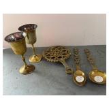 Solid Brass Goblets, Trivet, and Spoons