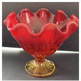 Red Ruffled Glass Compote with Amber Base