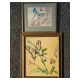 Framed Butterfly and Bird Artwork Pair