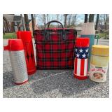 Vintage Thermos Picnic Set with Plaid Case