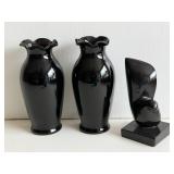 Two Black Vases and Bird Sculpture