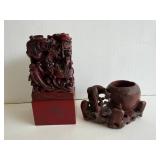 Carved Red Resin Dragon Seal and Brush Holder