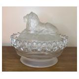 Pressed Glass Covered Dish with Lion Finial