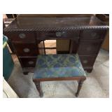 Wooden Desk with Carved Edge and Stool