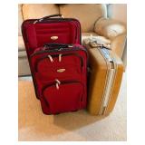 Two Newer Red Suitcases & Vintage Hard-Shell