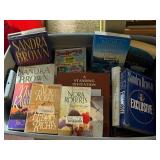 Books and Cookbooks in a Plastic Bin