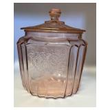 Pink Depression Glass Lidded Jar with Floral Desig