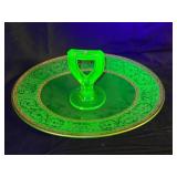 Green Uranium Glass Etched Server with Handle