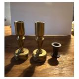 Two Brass Candlesticks and Metal Spool