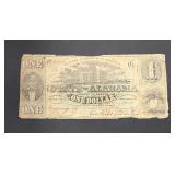 1863 Confederate $1 Dollar Bill Alabama