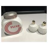 Milk Glass S&P Shakers & Flour Shaker