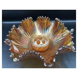 Carnival Glass Ruffled Bowl & Flower Frog