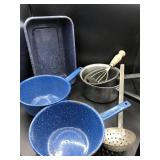 Vintage Blue Enamelware Pans and more