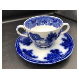 Flow-Blue (Temple) 2-Handle Cup & Saucer