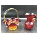 Amberina Glass Basket & Crackle Glass Pitcher